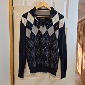 BKE Mens Quarter Zip Argyle Sweater Black Grey Mock Neck Cotton Blend Medium
